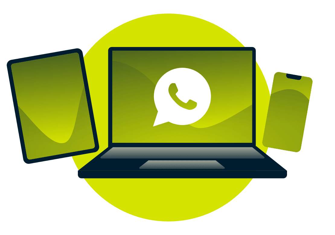 Un portatile, un tablet e un telefono, con il logo di WhatsApp.
